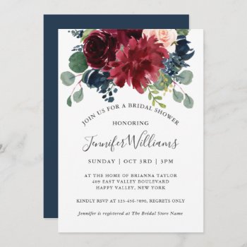 Navy And Burgundy Watercolor Floral Bridal Shower Invitation by DancingPelican at Zazzle