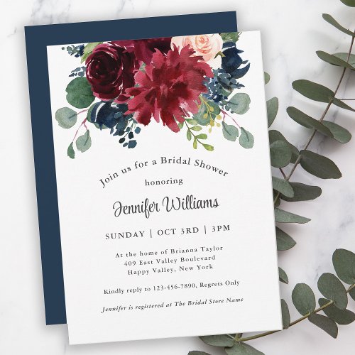 Navy and Burgundy Watercolor Floral Invitation