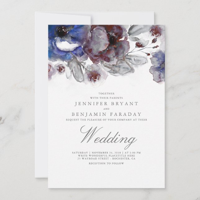 Navy and Burgundy Watercolor Floral Wedding Invitation (Front)