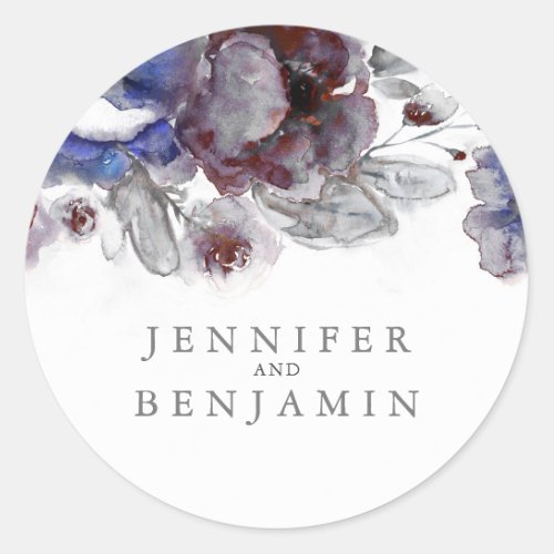 Navy and Burgundy Watercolor Flowers Classic Round Sticker - Floral wedding seals