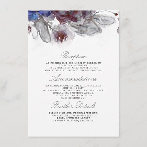 Navy and Burgundy Wedding Details Insert - Watercolor flowers wedding information - guest card