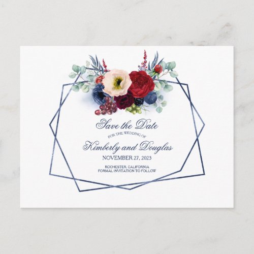 Navy and Burgundy Winery Bouquet Save the Date Announcement Postcard