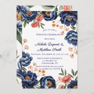 Navy and Burnt Orange Floral Wedding Celebration Invitation