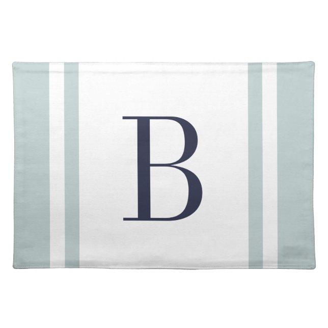 Navy and Cloud Blue Stripe Border Custom Monogram Placemat (Front)
