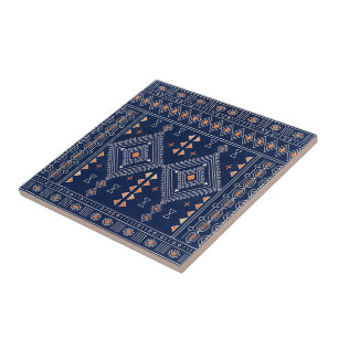 Navy and Copper Southwestern Tribal Kilim Ceramic Tile