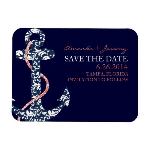 Navy and Coral Anchor Beach Save The Date Magnet