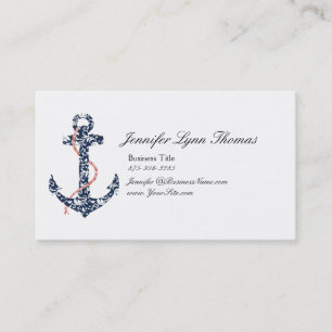Navy and Coral Anchor Beach Vacation Business Card