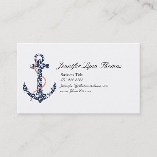 Customizable Navy and Coral Anchor Beach Vacation Business Card
