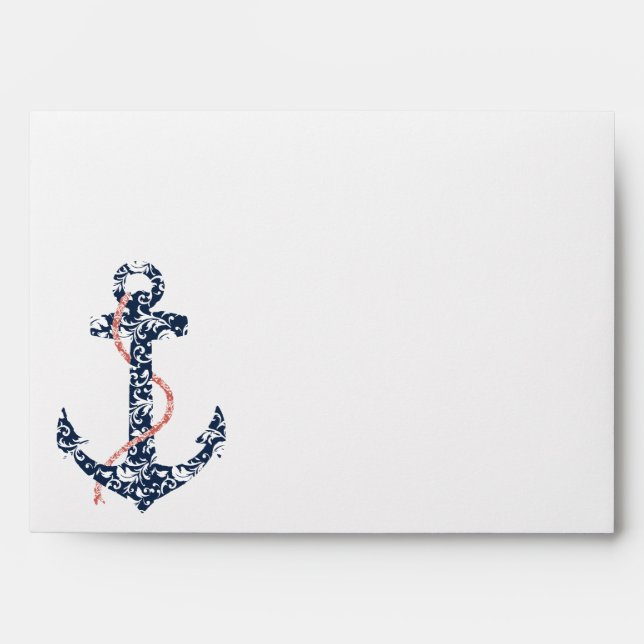 Navy and Coral Anchor Beach Wedding Envelope (Front)