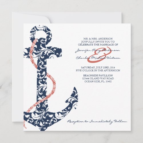 Navy and Coral Anchor Beach Wedding Invitation