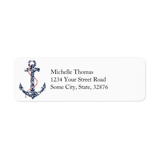 Navy and Coral Anchor Beach Wedding Label (Front)