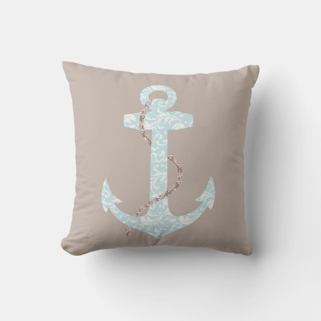 Navy and Coral Anchor Beach Wedding Throw Pillow (Front)