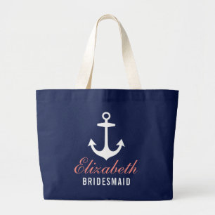 Navy and Coral Anchor Bridesmaid Nautical Large Tote Bag