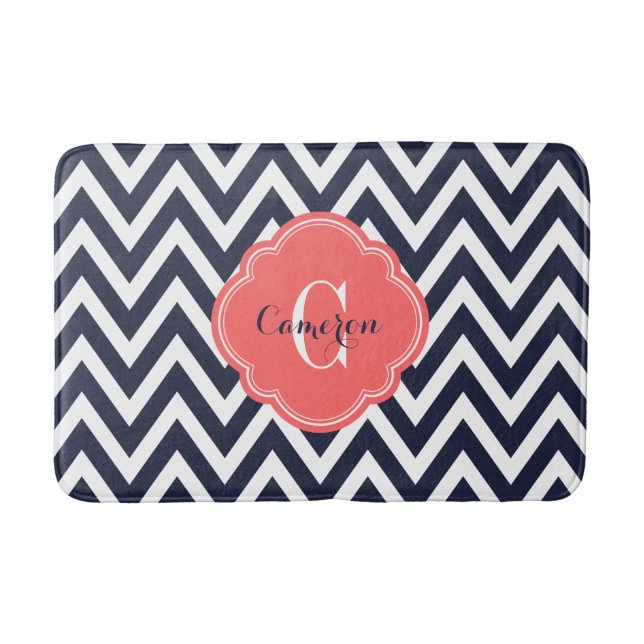 Navy and Coral Chevron Monogram Bath Mat (Front)