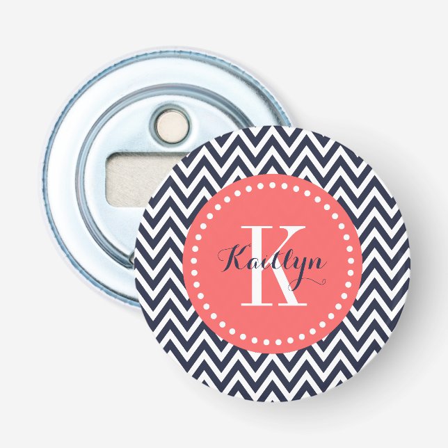 Navy and Coral Chevron Monogram Bottle Opener (Front)