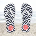 Navy and Coral Chevron Monogram Flip Flops<br><div class="desc">Custom printed flip flop sandals with a stylish modern chevron pattern and your custom monogram or other text in a circle frame. Click Customize It to change text fonts and colors or add your own images to create a unique one of a kind design!</div>