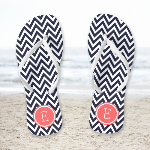 Navy and Coral Chevron Monogram Flip Flops