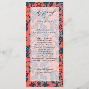 Navy and Coral Damask Wedding Programs