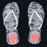 Navy and Coral Floral Damask Monogram Flip Flops<br><div class="desc">Custom printed flip flop sandals with a stylish elegant floral damask pattern and your custom monogram or other text in a circle frame. Click Customize It to change text fonts and colors or add your own images to create a unique one of a kind design!</div>