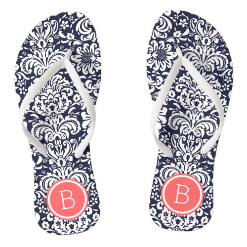 Navy and Coral Floral Damask Monogram Flip Flops