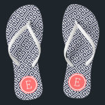 Navy and Coral Greek Key Monogram Flip Flops<br><div class="desc">Custom printed flip flop sandals with a stylish modern Greek key pattern and your custom monogram or other text in a circle frame. Click Customize It to change text fonts and colors or add your own images to create a unique one of a kind design!</div>