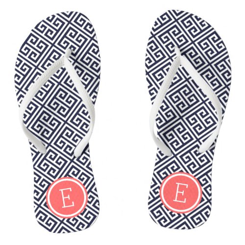 Navy and Coral Greek Key Monogram Flip Flops