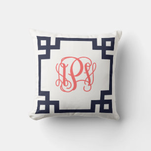 Navy and Coral Greek Key Script Monogram APV Throw Pillow