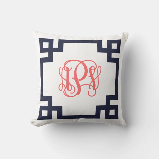 Navy and Coral Greek Key Script Monogram APV Throw Pillow (Front)