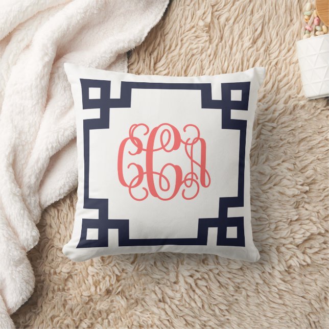 Navy and Coral Greek Key Script Monogram CCA Throw Pillow (Blanket)