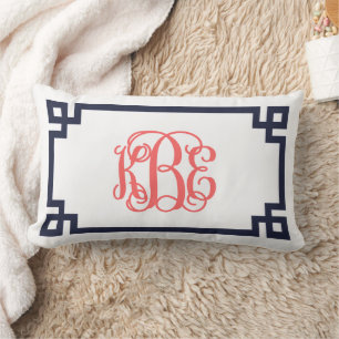 Navy and Coral Greek Key Script Monogram KBE Lumbar Pillow