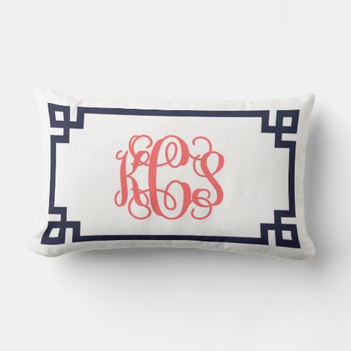 Navy and Coral Greek Key Script Monogram KCS Lumbar Pillow