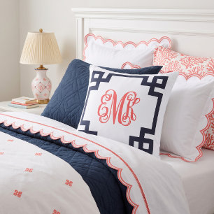 Navy and Coral Greek Key Script Monogram Throw Pillow