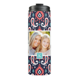 Navy and Coral Ikat Paisley Custom Photo Monogram Thermal Tumbler