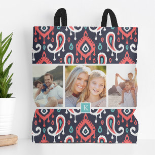 Navy and Coral Ikat Paisley Family Photo Monogram Tote Bag