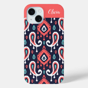 Navy and Coral Ikat Paisley Monogram iPhone 15 Case
