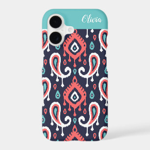 Navy and Coral Ikat Paisley Monogram iPhone 17 Case