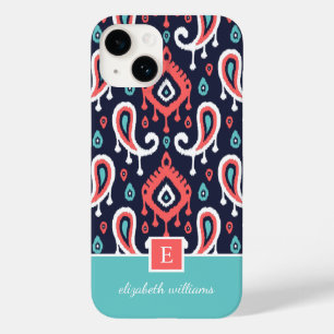 Navy and Coral Ikat Paisley Monogram Case-Mate iPhone 14 Case
