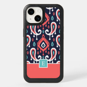 Navy and Coral Ikat Paisley Monogram OtterBox iPhone 14 Case