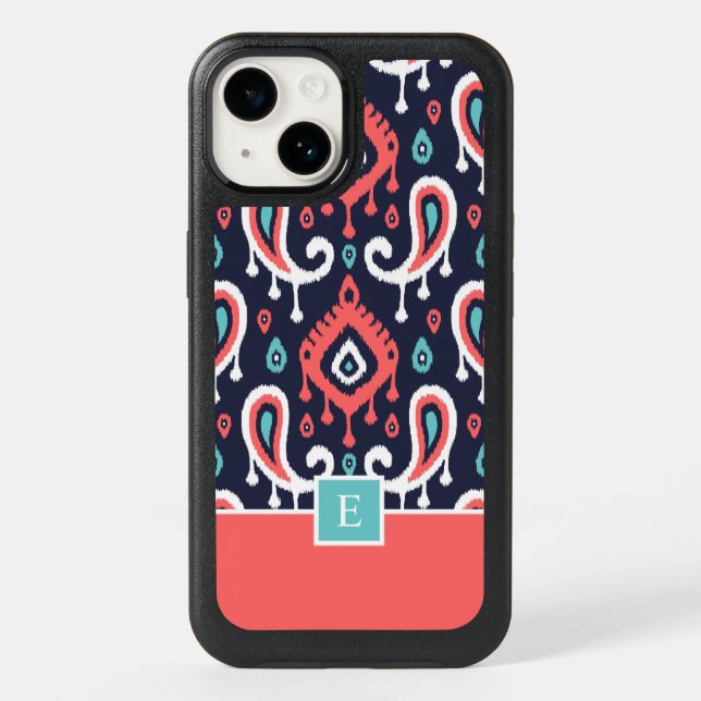 Navy and Coral Ikat Paisley Monogram Otterbox iPhone Case (Back)