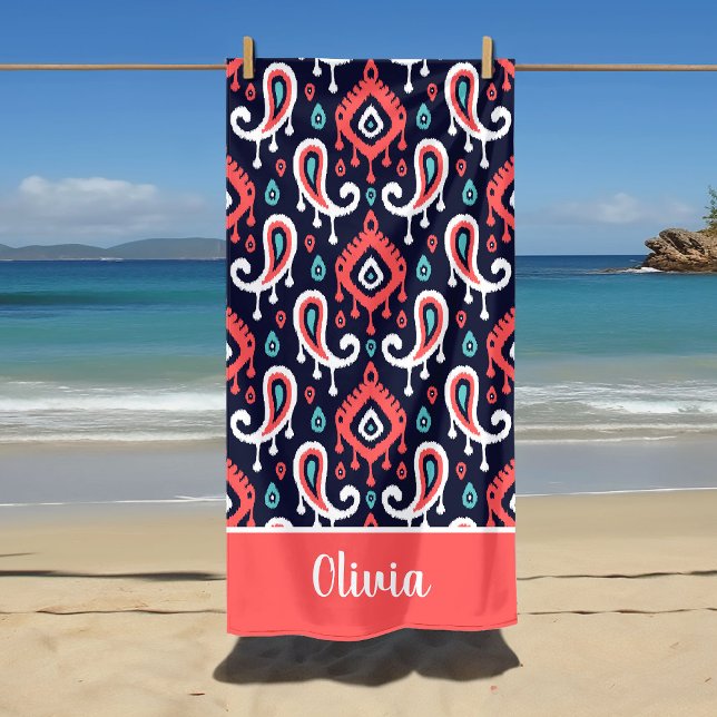Navy and Coral Ikat Paisley Name Monogram Beach Towel (Creator Uploaded)
