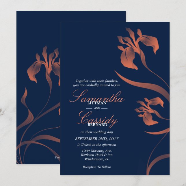 Navy and Coral Iris Floral Wedding Invitation (Front/Back)