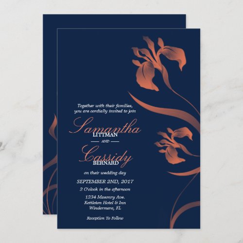 Navy and Coral Iris Floral Wedding Invitation