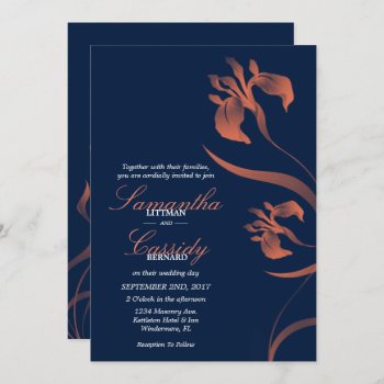 Navy And Coral Iris Floral Wedding Invitation by theMRSingLink at Zazzle