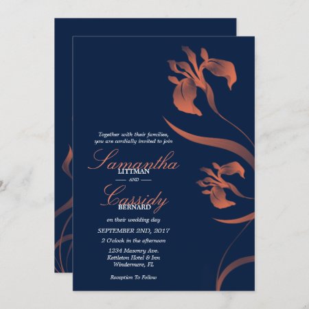 Navy And Coral Iris Floral Wedding Invitation
