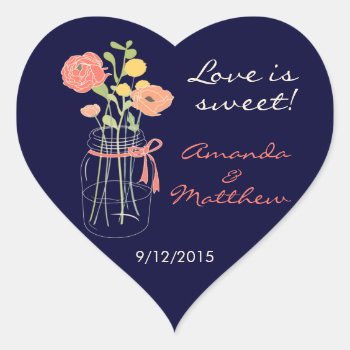 Navy And Coral Mason Jar Wedding Favor Stickers by PMCustomWeddings at Zazzle