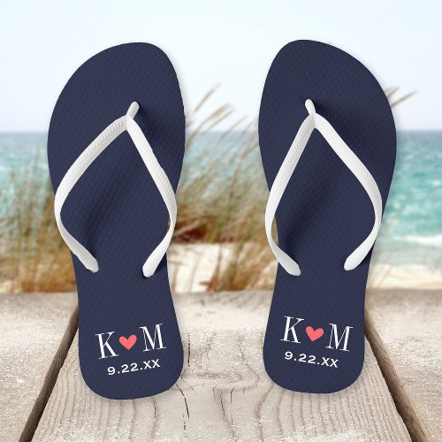 Navy and Coral Modern Wedding Monogram Flip Flops