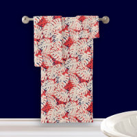 Navy and Coral Monstera Leaf Bath Towel Set