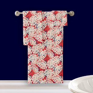 Navy and Coral Monstera Leaf Bath Towel Set