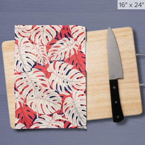 Navy and Coral Monstera Leaf Kitchen Towel