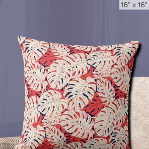 Navy and Coral Monstera Leaf Tropical Throw Pillow